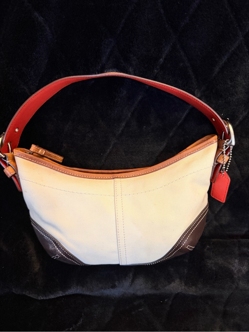 Coach Cream Canvas SoHo Shoulder Bag with Red Strap